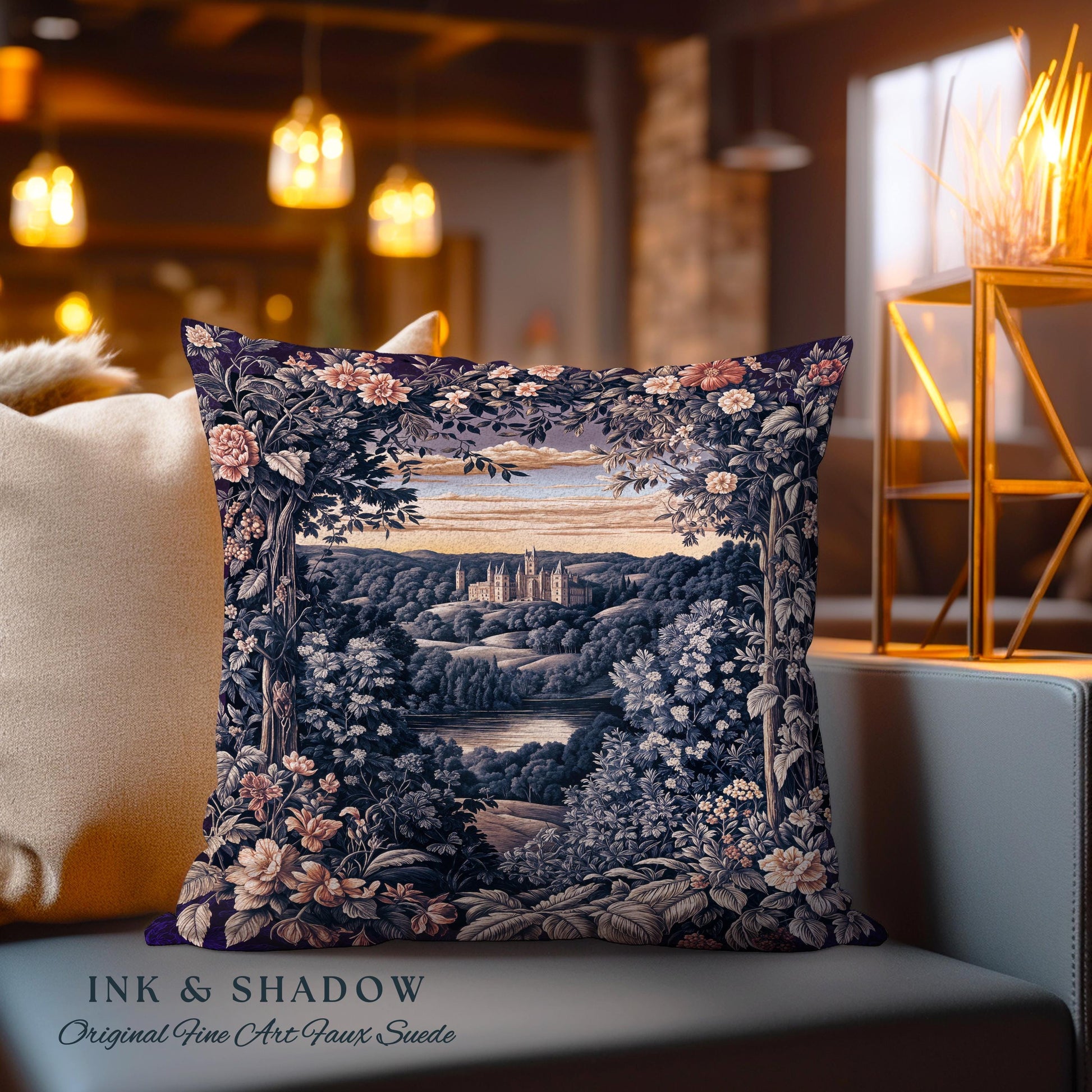 Pastel Castle Countryside Fairycore Floral Tapestry Pillow | Ethereal Woodland Botanical Royalcore Purple Woven Cushion Medieval Landscape