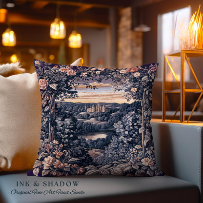 Pastel Castle Countryside Fairycore Floral Tapestry Pillow | Ethereal Woodland Botanical Royalcore Purple Woven Cushion Medieval Landscape