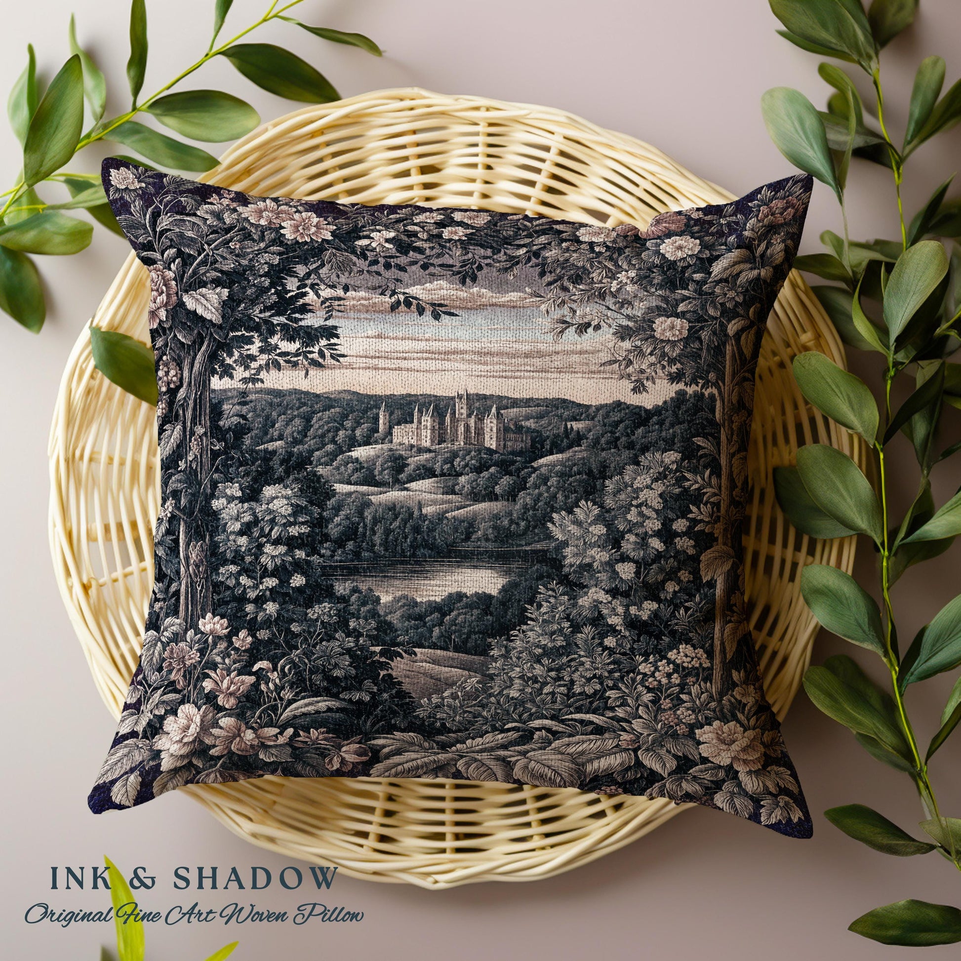 Pastel Castle Countryside Fairycore Floral Tapestry Pillow | Ethereal Woodland Botanical Royalcore Purple Woven Cushion Medieval Landscape