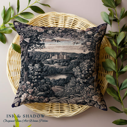 Pastel Castle Countryside Fairycore Floral Tapestry Pillow | Ethereal Woodland Botanical Royalcore Purple Woven Cushion Medieval Landscape