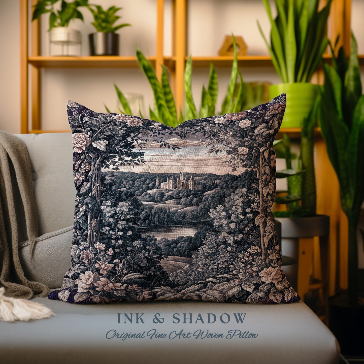 Pastel Castle Countryside Fairycore Floral Tapestry Pillow | Ethereal Woodland Botanical Royalcore Purple Woven Cushion Medieval Landscape