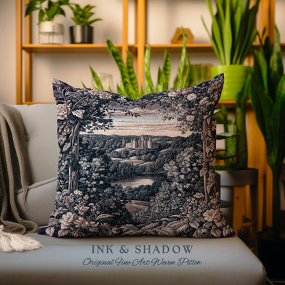 Pastel Castle Countryside Fairycore Floral Tapestry Pillow | Ethereal Woodland Botanical Royalcore Purple Woven Cushion Medieval Landscape