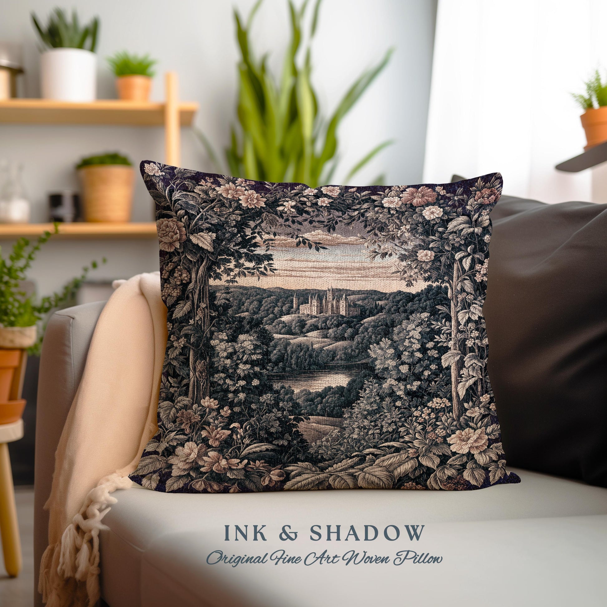 Pastel Castle Countryside Fairycore Floral Tapestry Pillow | Ethereal Woodland Botanical Royalcore Purple Woven Cushion Medieval Landscape