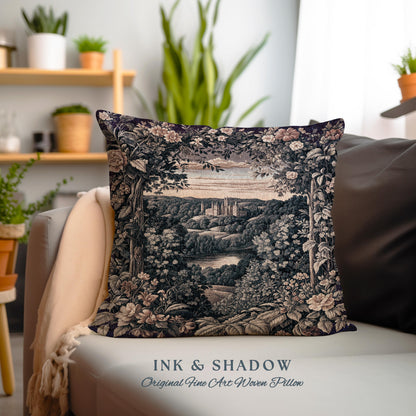 Pastel Castle Countryside Fairycore Floral Tapestry Pillow | Ethereal Woodland Botanical Royalcore Purple Woven Cushion Medieval Landscape