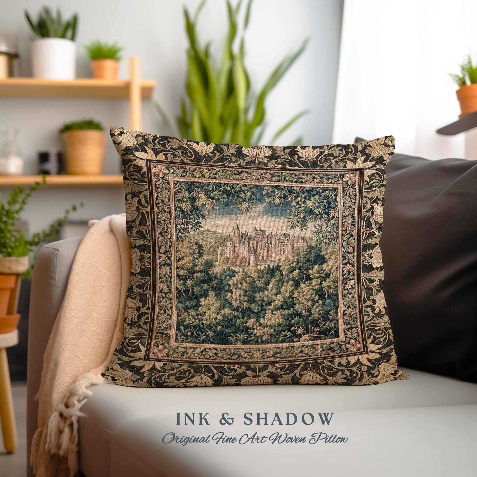 Ethereal Fairytale Fantasy Castle Pillow | Dark Academia Woodland Fairy Folklore Princess Aesthetic Magical Landscape Forestcore Romantic