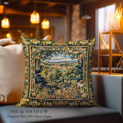 Fantasy Castle Botanical Woven Pillow | Fairycore Princess Cushion Woodland Moody Medieval Woodland Fairytale Whimsy Whimsigothic Decor |