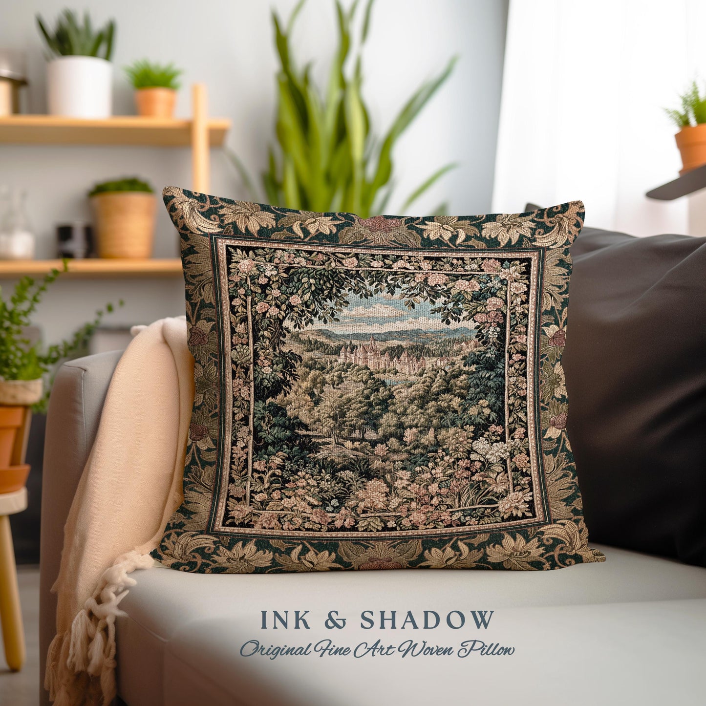 Fantasy Castle Botanical Woven Pillow | Fairycore Princess Cushion Woodland Moody Medieval Woodland Fairytale Whimsy Whimsigothic Decor |