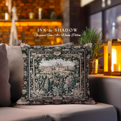 Dark Academia Victorian Royal Tapestry Pillow | Fantasy Cushion Woven Decor Woodland Princess Medieval Rustic Floral Landscape Coquette |