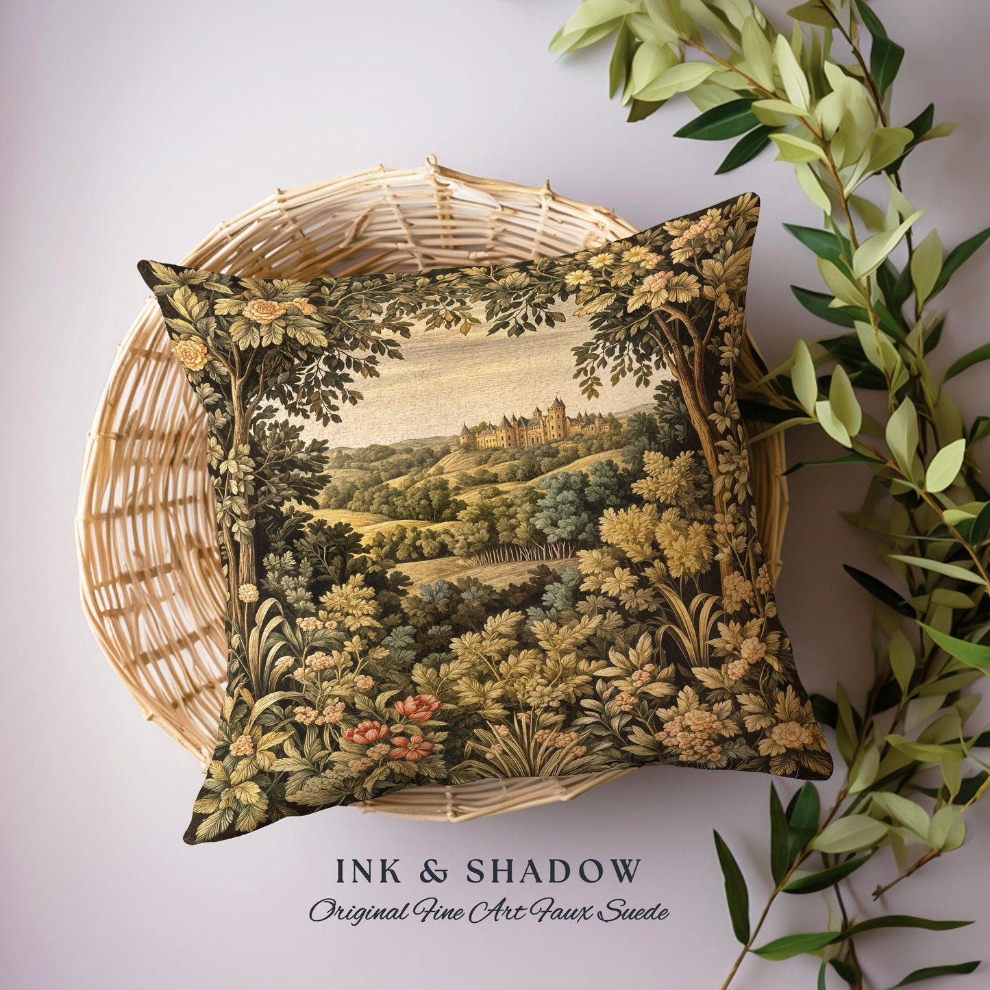 Medieval Meadow Tapestry Pillow | Rustic Fairytale Castle Landscape Woodland Fairy Folklore Princesscore Aesthetic Mystic Victorian Cushion