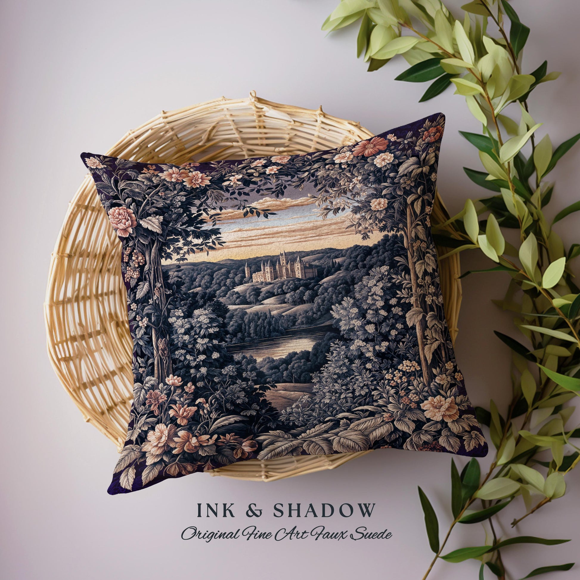 Pastel Castle Countryside Fairycore Floral Tapestry Pillow | Ethereal Woodland Botanical Royalcore Purple Woven Cushion Medieval Landscape