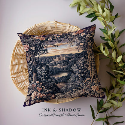 Pastel Castle Countryside Fairycore Floral Tapestry Pillow | Ethereal Woodland Botanical Royalcore Purple Woven Cushion Medieval Landscape