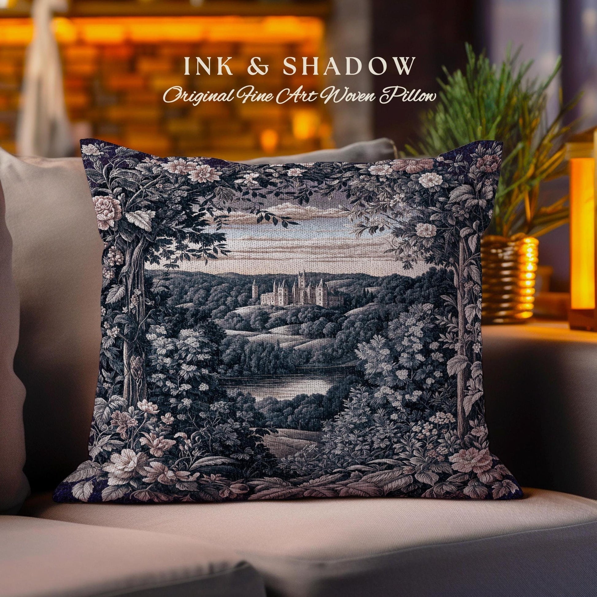 Pastel Castle Countryside Fairycore Floral Tapestry Pillow | Ethereal Woodland Botanical Royalcore Purple Woven Cushion Medieval Landscape