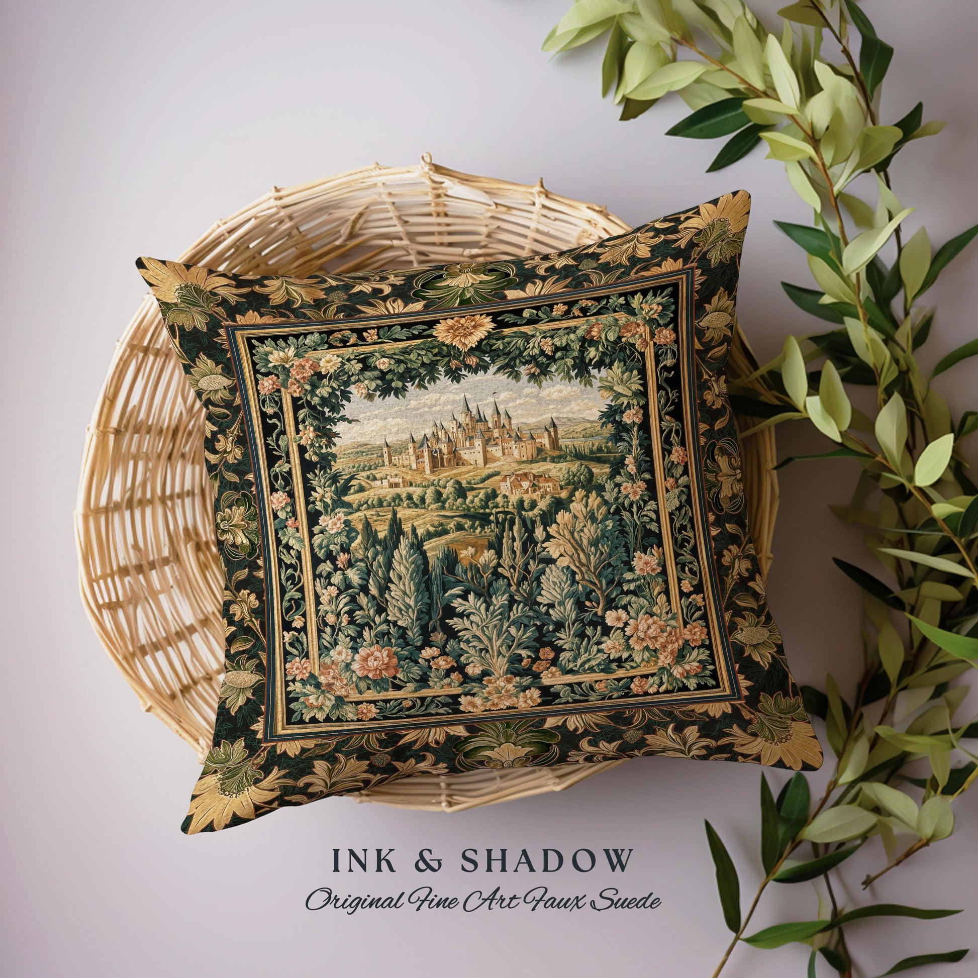 Dark Academia Victorian Royal Tapestry Pillow | Fantasy Cushion Woven Decor Woodland Princess Medieval Rustic Floral Landscape Coquette |