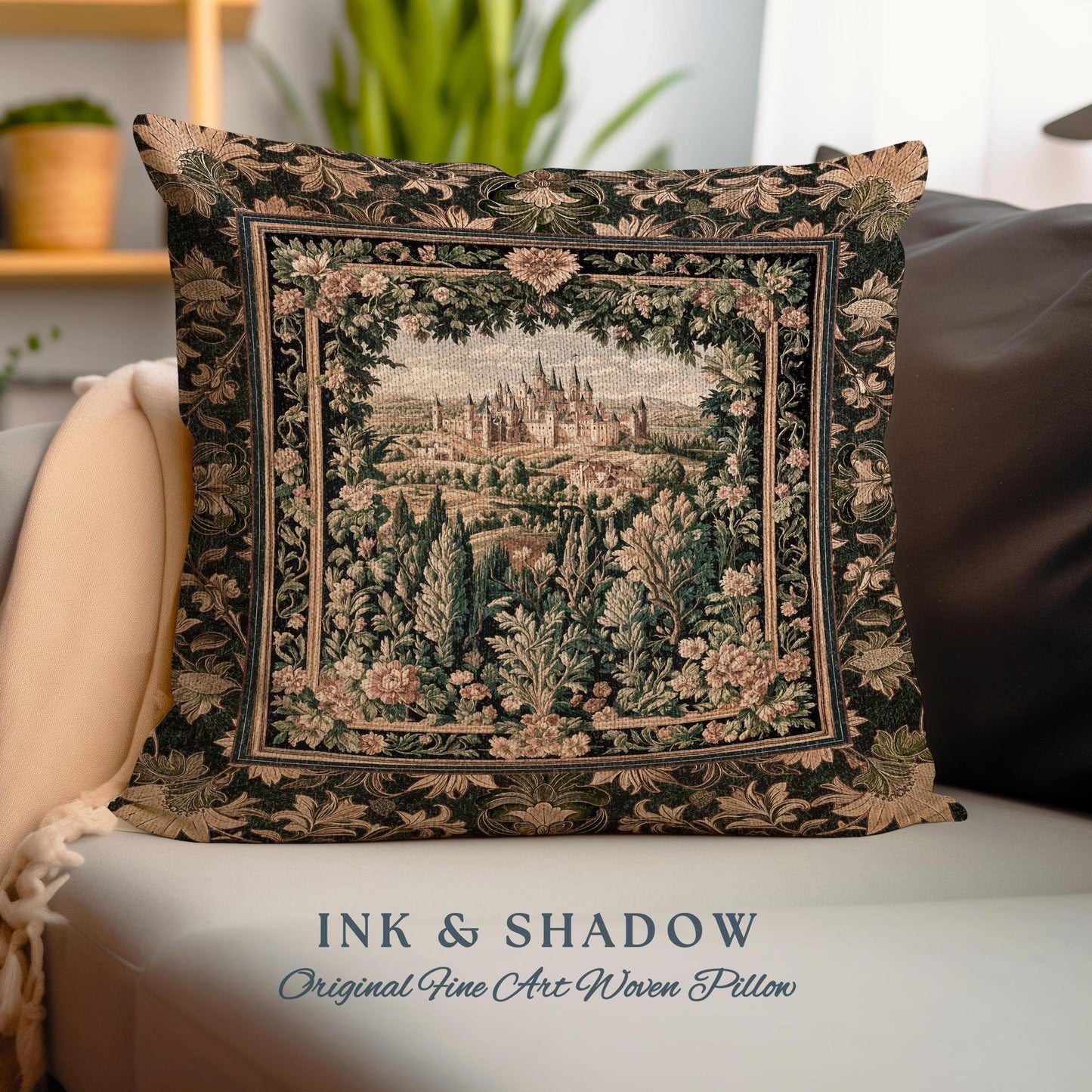 Dark Academia Victorian Royal Tapestry Pillow | Fantasy Cushion Woven Decor Woodland Princess Medieval Rustic Floral Landscape Coquette |