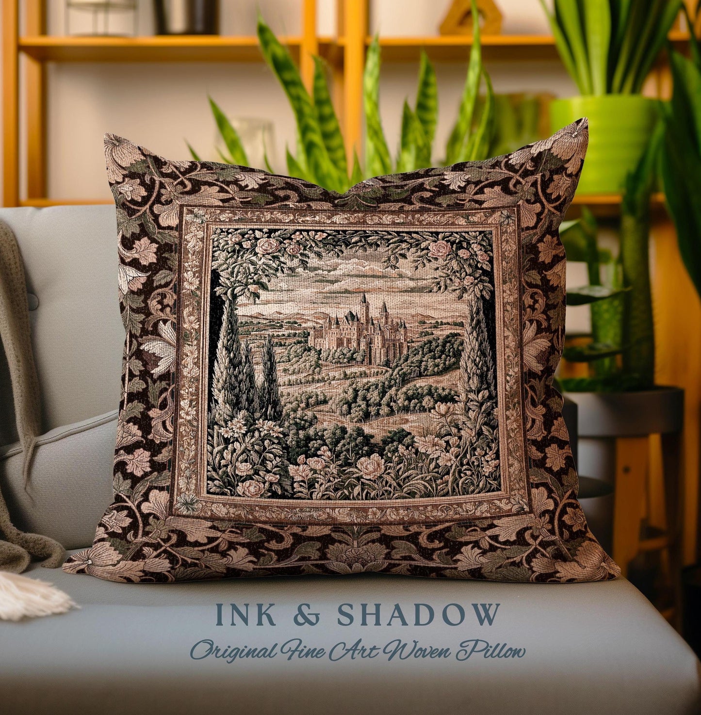 Romantic Victorian Botanical Woven Pillow | Medieval Woodland Fairytale Castle Whimsigothic Folklore Romantic Princesscore Victorian Cushion