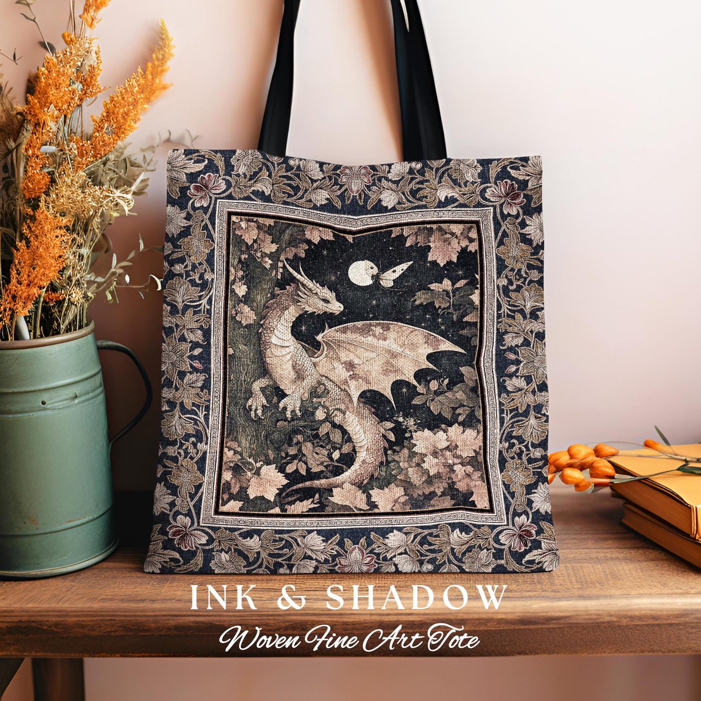 Ethereal Dragon Tapestry Tote Antique Mystical Moonlit Forest Fairytale Decor | Enchanted Fairycore Celestial Night Art Fantasy Woven Bag |