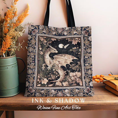 Ethereal Dragon Tapestry Tote Antique Mystical Moonlit Forest Fairytale Decor | Enchanted Fairycore Celestial Night Art Fantasy Woven Bag |