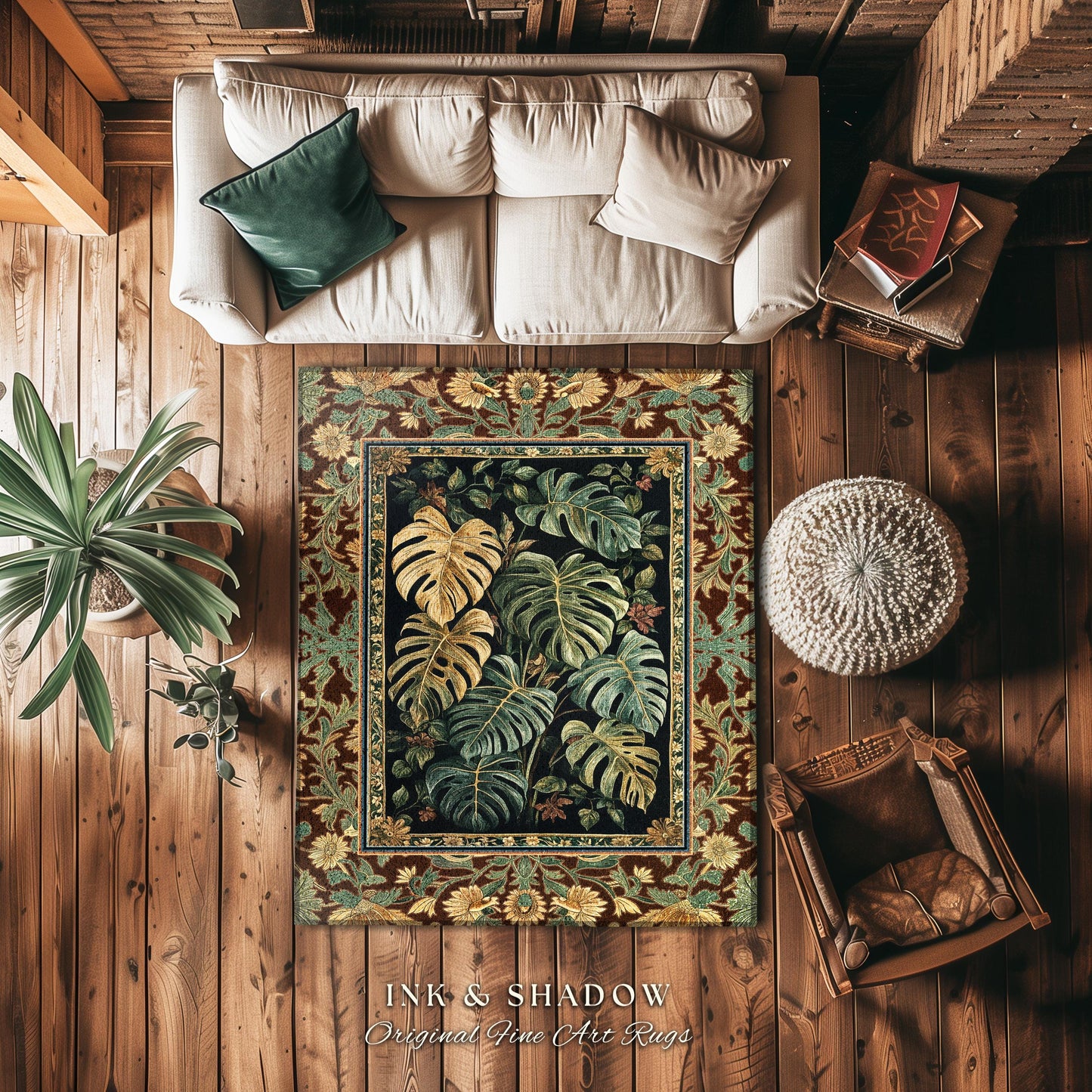 Witchy Forest Tropical Monstera Rug | Whimsical Houseplant Home Decor Rug Maximalist Home Decor Dark Cottagecore Enchanting Witch Aesthetic