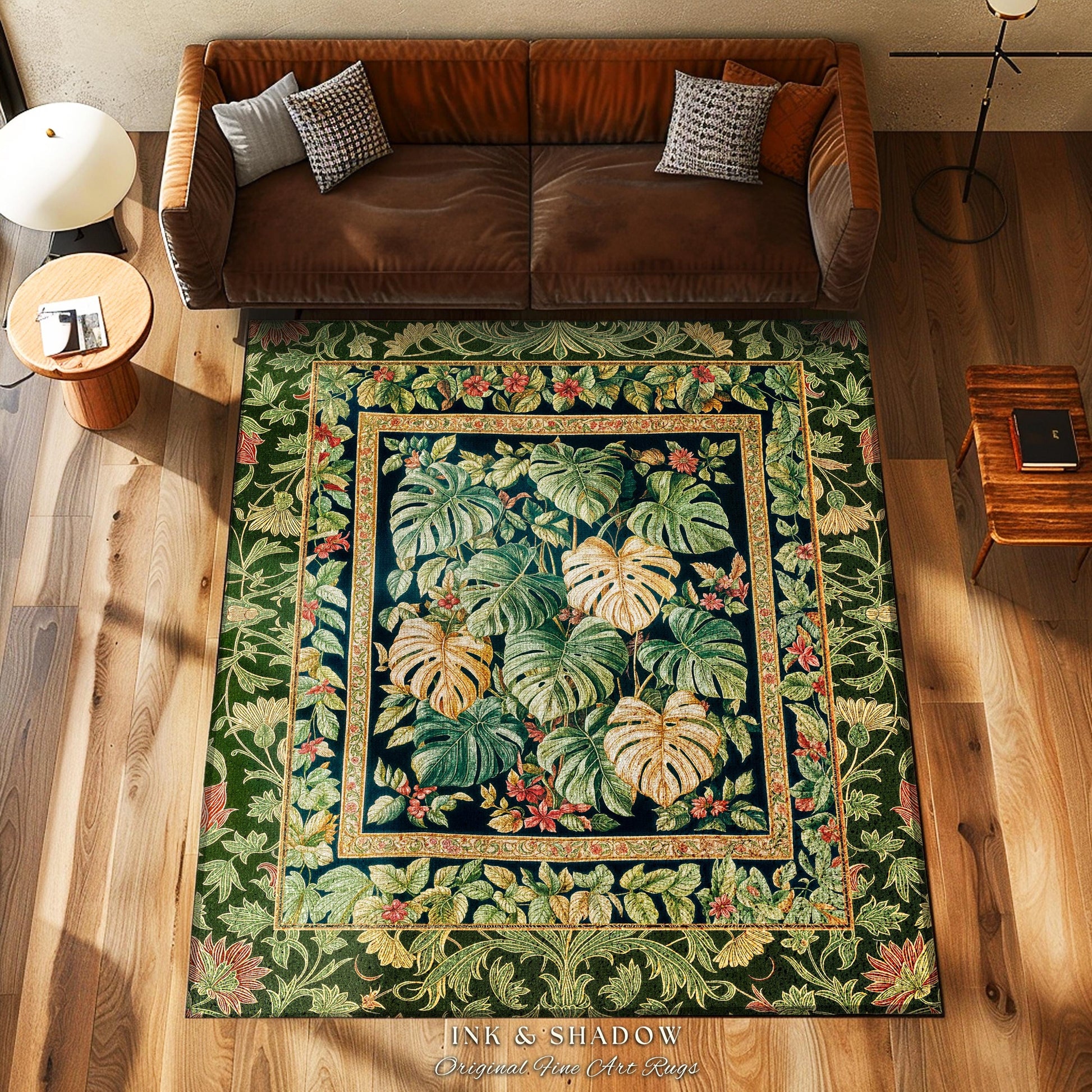 Eclectic Maximalist Monstera Area Rug | Dark Floral Houseplant Lover Botanical Whimsical Home Decor Tropical Aesthetic Housewarming Gift |