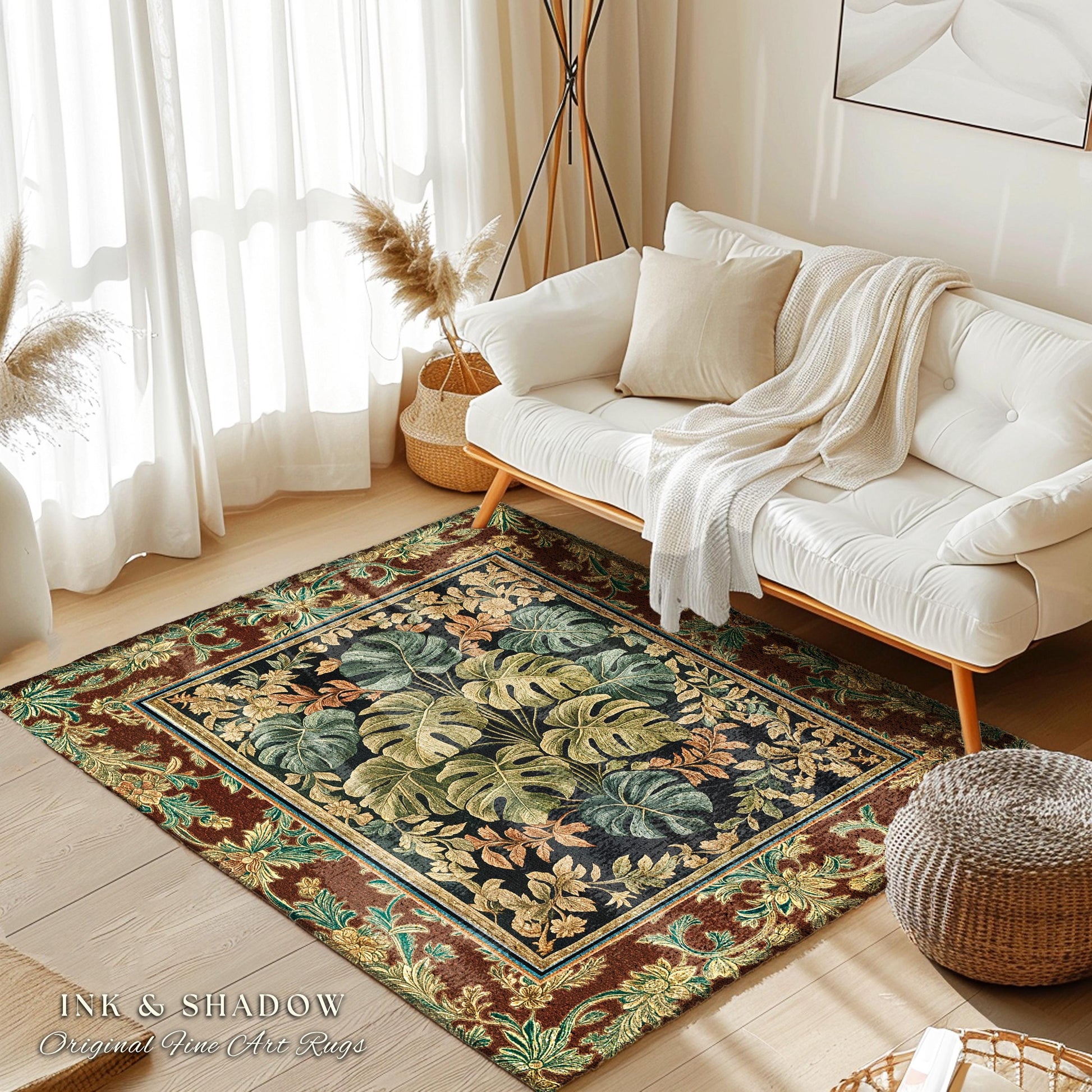 Elegant Tropical Forest Floor Rug | Woodland Whimsy Botanical Accent Rug Emerald Green Romantic Home Decor Tropical Eclectic Aesthetic |