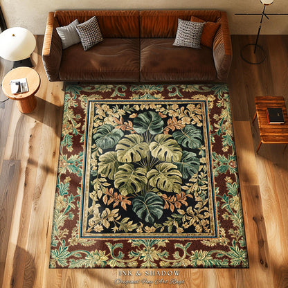 Elegant Tropical Forest Floor Rug | Woodland Whimsy Botanical Accent Rug Emerald Green Romantic Home Decor Tropical Eclectic Aesthetic |