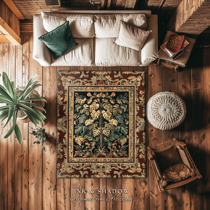 Rustic Renaissance Aesthetic Monstera Jungle Rug | Dark Cottagecore Whimsy Woodland Home Accent Rug Emerald Green Romantic Maximalist Decor