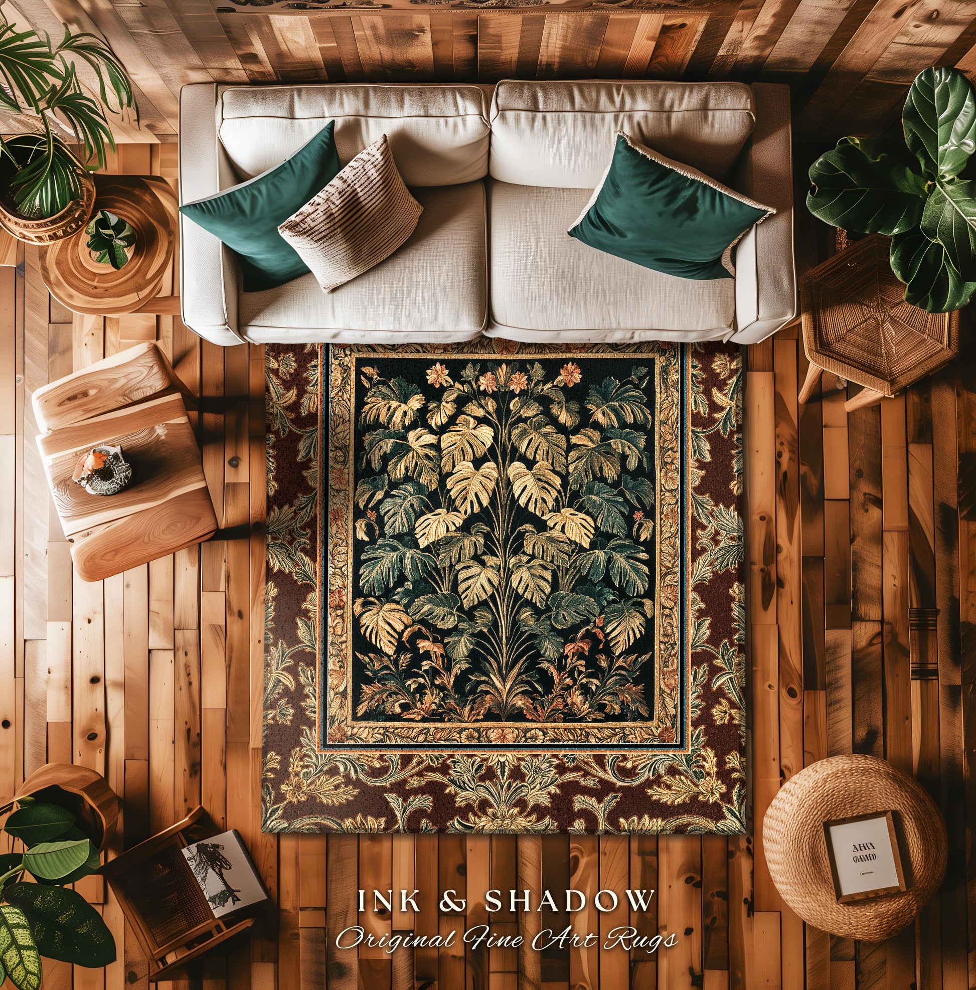 Rustic Renaissance Aesthetic Monstera Jungle Rug | Dark Cottagecore Whimsy Woodland Home Accent Rug Emerald Green Romantic Maximalist Decor