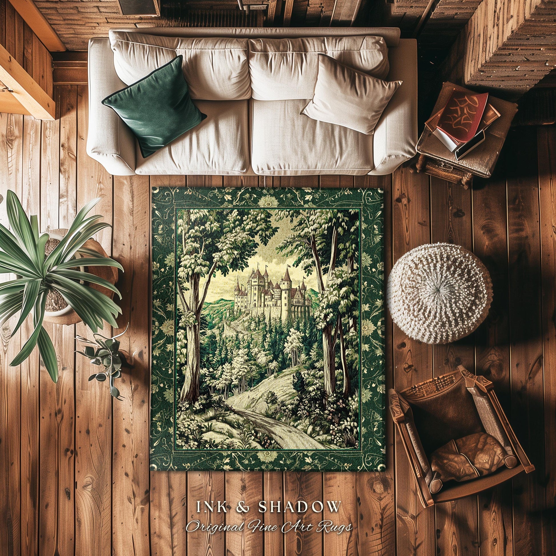 Medieval Castle Woodland Forest Round Rug | Forestcore Dark Academia Fairytale Inspired Fairycore Aesthetic Accent Rug Magical Emerald Decor