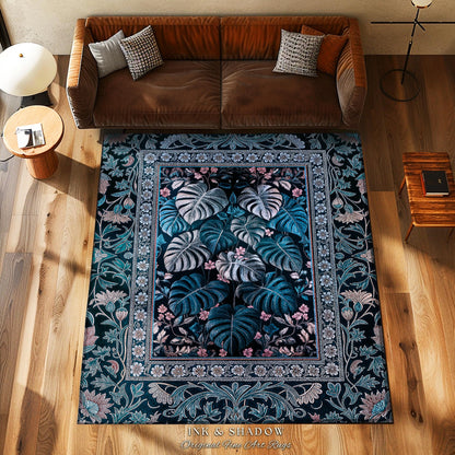 Deep Teal Ethereal Botanical Rug | Tropical Leaf Accent Rug Jungle Aesthetic Monstera Deliciosa Jungle Dark Forestcore Whimsy Woodland Home