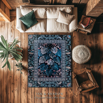 Deep Teal Ethereal Botanical Rug | Tropical Leaf Accent Rug Jungle Aesthetic Monstera Deliciosa Jungle Dark Forestcore Whimsy Woodland Home