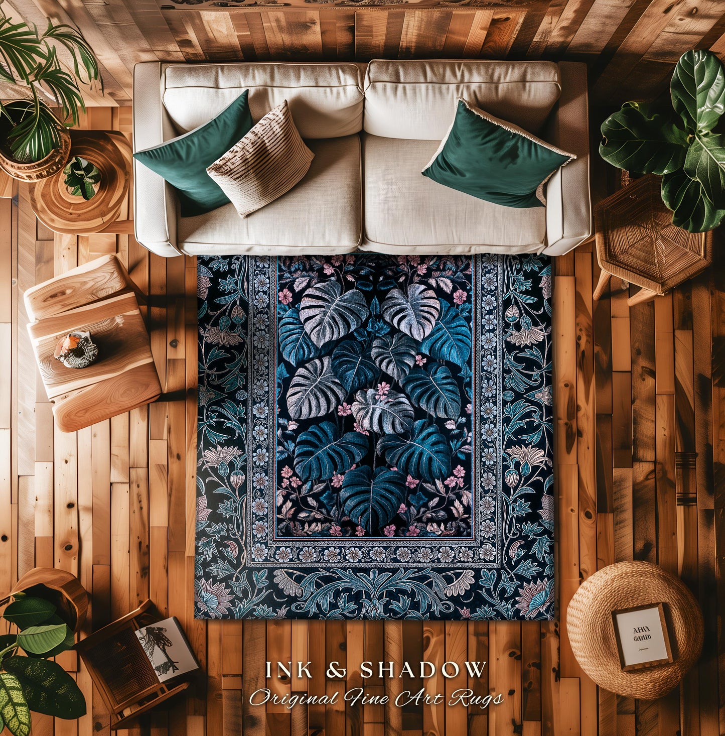 Deep Teal Ethereal Botanical Rug | Tropical Leaf Accent Rug Jungle Aesthetic Monstera Deliciosa Jungle Dark Forestcore Whimsy Woodland Home