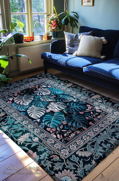 Deep Teal Ethereal Botanical Rug | Tropical Leaf Accent Rug Jungle Aesthetic Monstera Deliciosa Jungle Dark Forestcore Whimsy Woodland Home