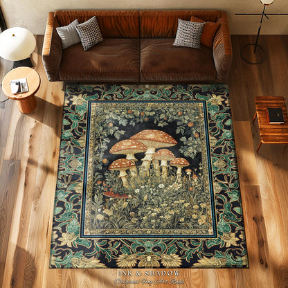 Whimsical Fungi Mushroom Rug | Mystical Forest Bedroom Decor Mushroom Lover Gift Cottagecore Earth Tone Hippie Aesthetic Accent Rug Witchy |