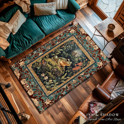 Storybook Aesthetic Frog Accent Rug | Bohemian Living Room Floral Ornate Dark Victorian Cottagecore Toad Area Rug Whimsical Eclectic Home |