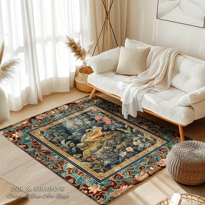 Storybook Aesthetic Frog Accent Rug | Bohemian Living Room Floral Ornate Dark Victorian Cottagecore Toad Area Rug Whimsical Eclectic Home |