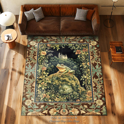 Castlecore Landscape Botanical Rug | Ethereal Fairytale Gothic Aesthetic Frog & Toad Accent Rug Cottagecore Living Room Floral Earthy Colors