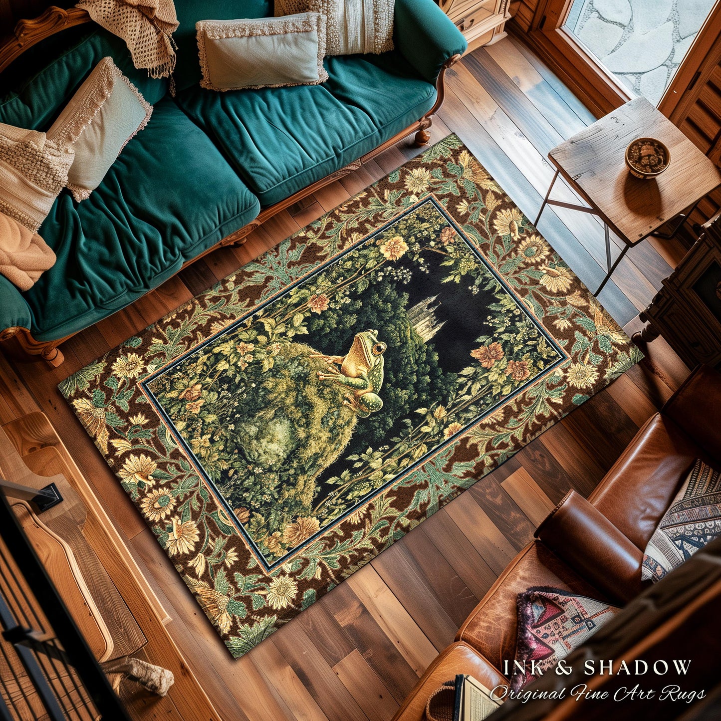 Castlecore Landscape Botanical Rug | Ethereal Fairytale Gothic Aesthetic Frog & Toad Accent Rug Cottagecore Living Room Floral Earthy Colors