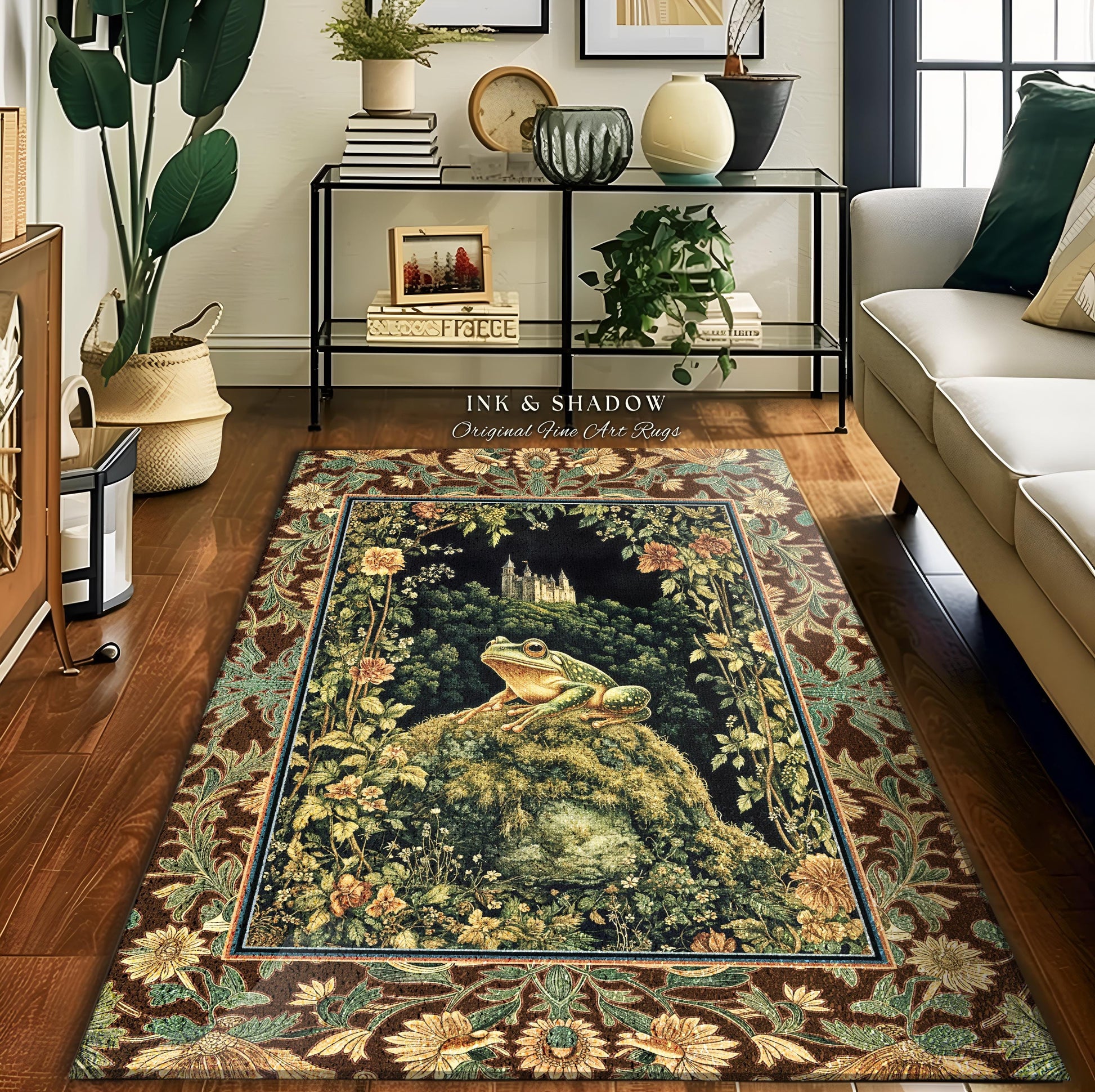 Castlecore Landscape Botanical Rug | Ethereal Fairytale Gothic Aesthetic Frog & Toad Accent Rug Cottagecore Living Room Floral Earthy Colors