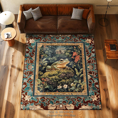 Storybook Aesthetic Frog Accent Rug | Bohemian Living Room Floral Ornate Dark Victorian Cottagecore Toad Area Rug Whimsical Eclectic Home |