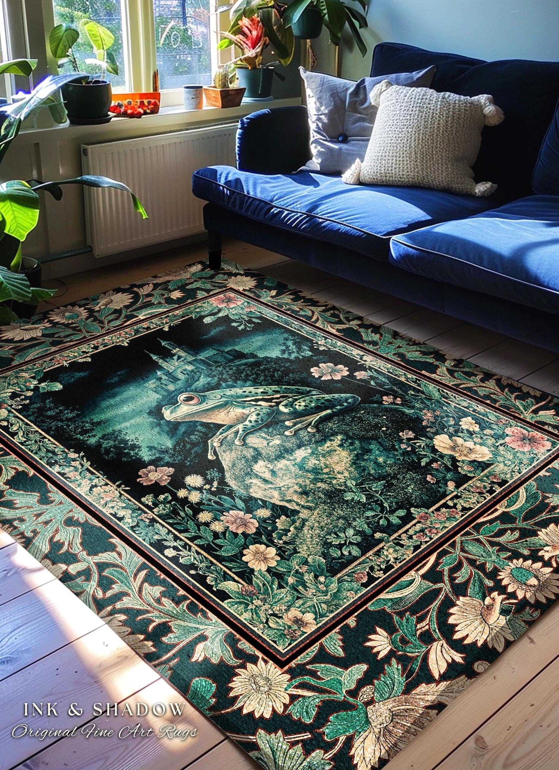 Book Nook Fairytale Floor Rug | Woodland Gothic Baroque Aesthetic Frog Accent Rug Cottagecore Reading Room Floral Border Ornate Goblincore