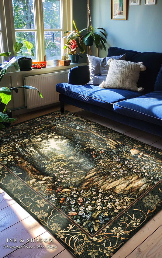 Fairy Meadow Mushroom Forest Rug | Mystic Academia Folklore Inspired Fairycore Aesthetic Accent Rug Magical Bedroom Medieval Home Decor |