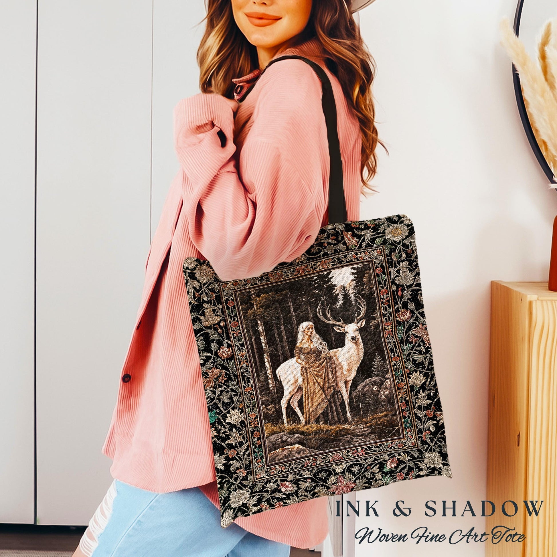 Enchanting Forest Spirit Tapestry Bag | Magical Meadow Fairycore Tote Ethereal Woodland Princess Renaissance Aesthetic Gothic Deer Woods |