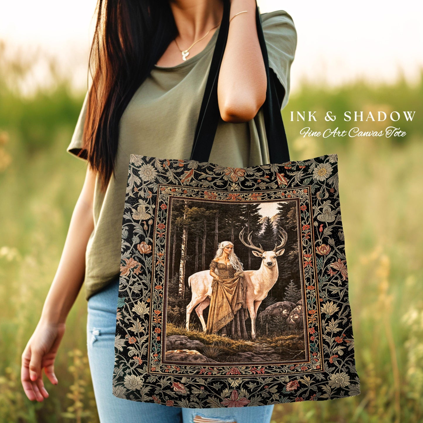 Enchanting Forest Spirit Tapestry Bag | Magical Meadow Fairycore Tote Ethereal Woodland Princess Renaissance Aesthetic Gothic Deer Woods |