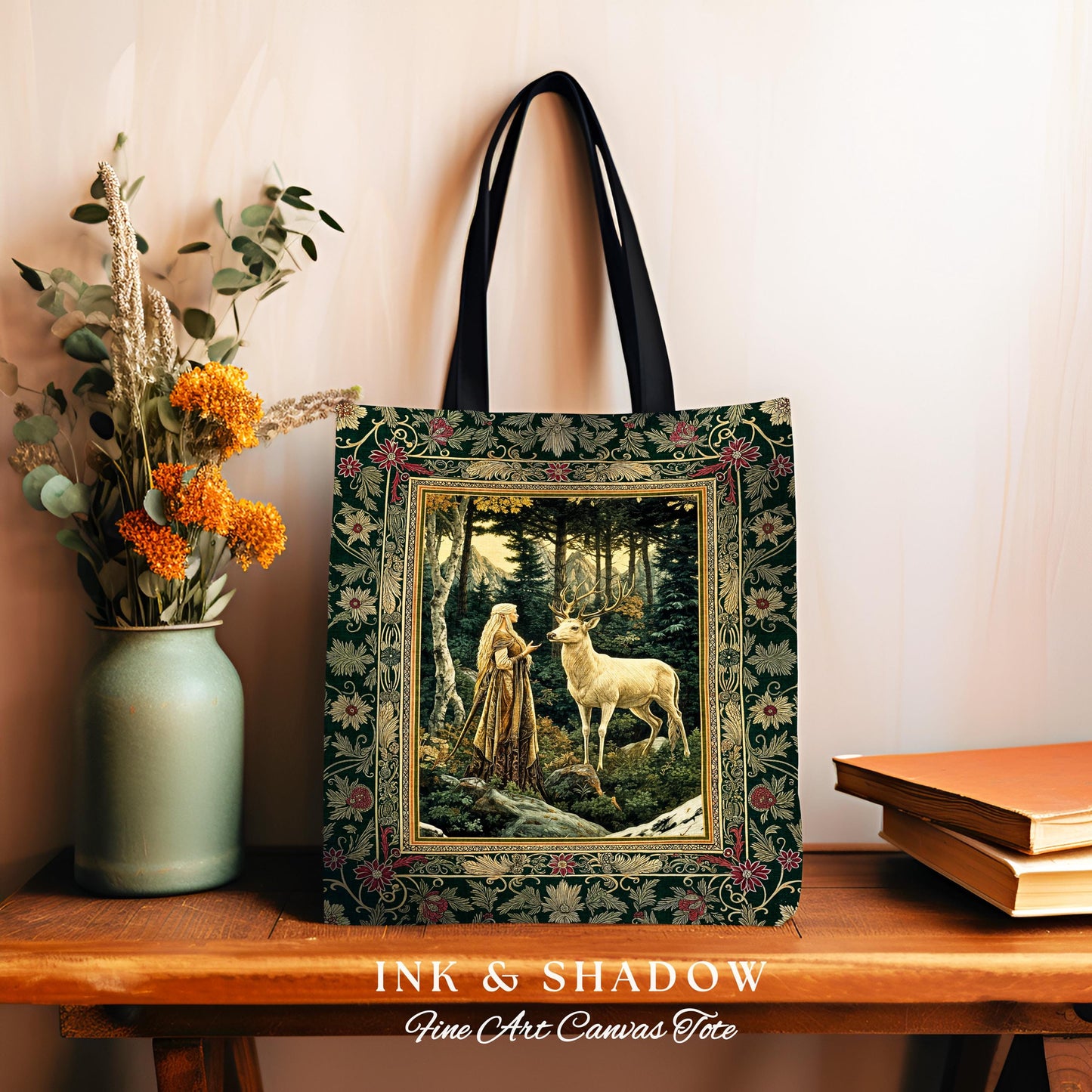 Emerald Forest Spirits Woven Tapestry Bag | Botanical Elegance Woodland Spirits Dark Green Tote Goth Fairycore Romantic Woven Witchy Bag |