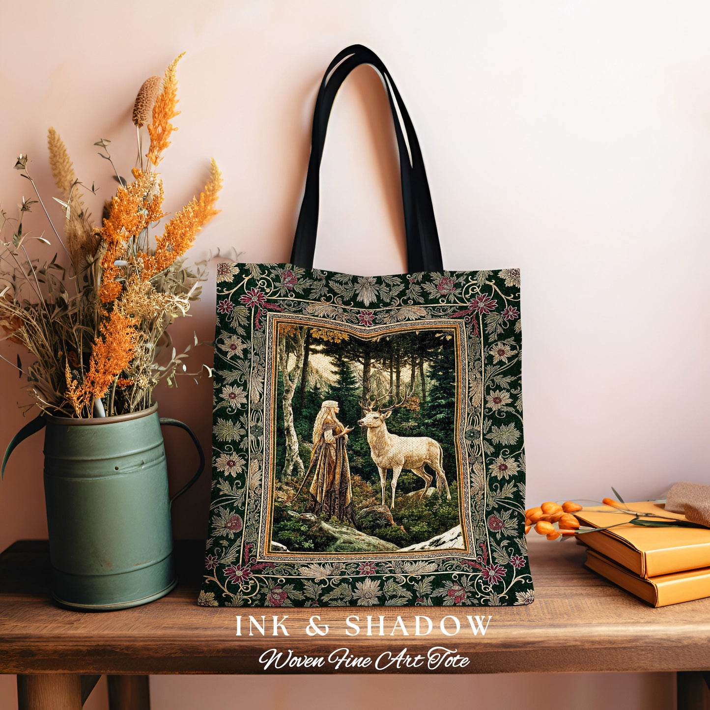 Emerald Forest Spirits Woven Tapestry Bag | Botanical Elegance Woodland Spirits Dark Green Tote Goth Fairycore Romantic Woven Witchy Bag |