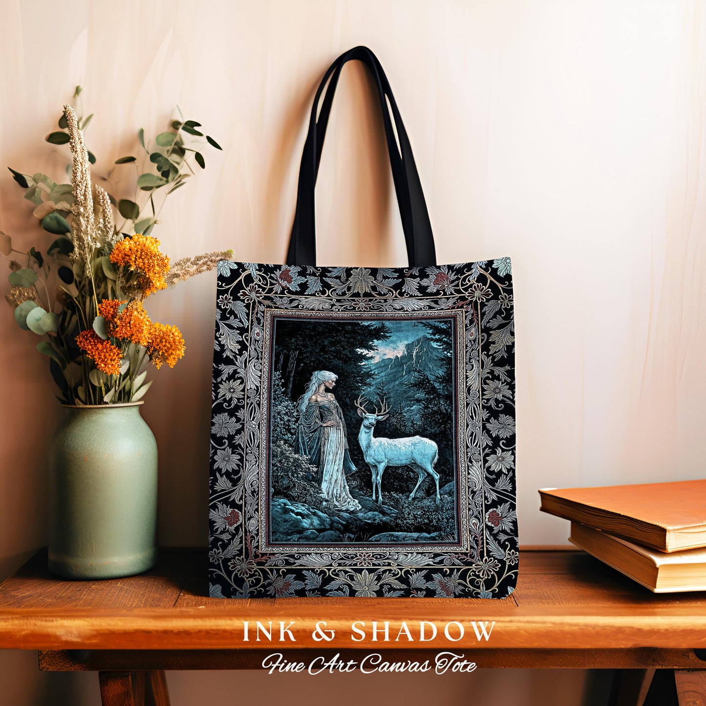 Dreamy Aesthetic Folklore Tapestry Bag | Moody Landscape Dreamy Woodland Gothic Nature Spirit Woven Tote Botanical Fantasy Cottagecore Deer