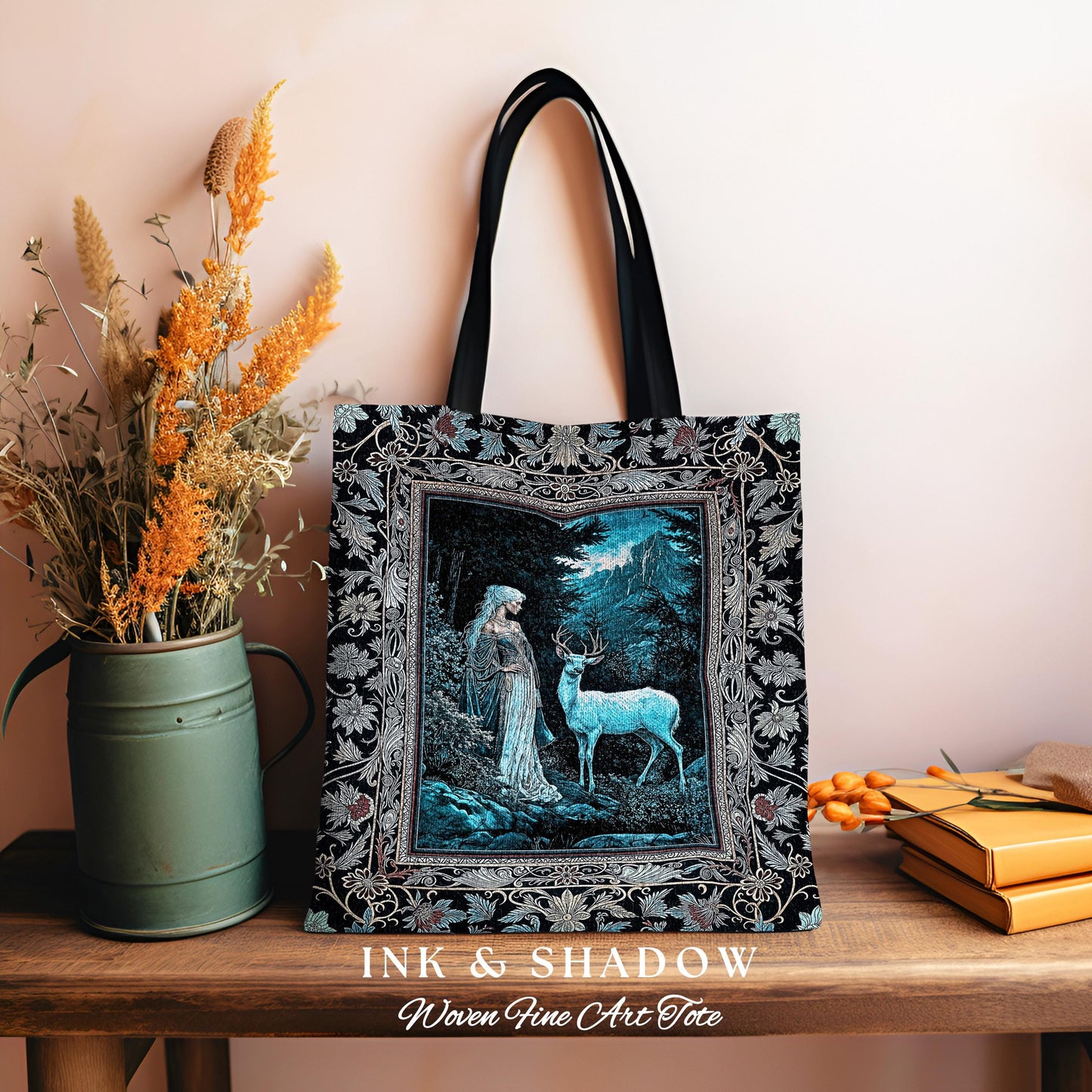 Dreamy Aesthetic Folklore Tapestry Bag | Moody Landscape Dreamy Woodland Gothic Nature Spirit Woven Tote Botanical Fantasy Cottagecore Deer