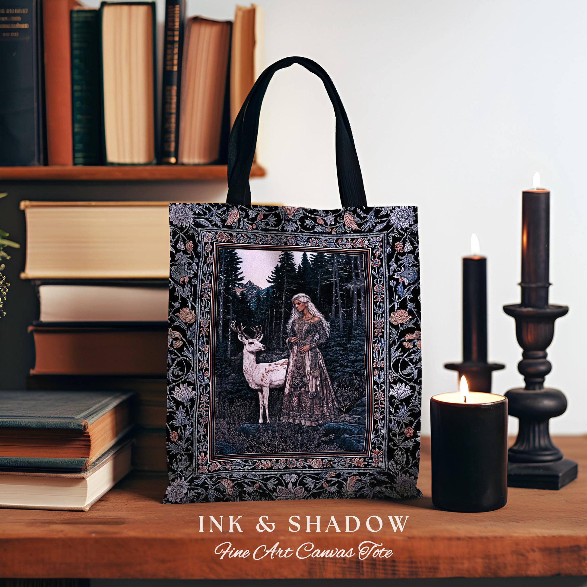 Gothic Forest Spirit Tapestry Tote | Dark Academia Storybook Aesthetic Witchy Baroque Bedroom Decor Forest Nymph Whimsigothic Fantasy Bag |