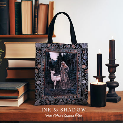 Gothic Forest Spirit Tapestry Tote | Dark Academia Storybook Aesthetic Witchy Baroque Bedroom Decor Forest Nymph Whimsigothic Fantasy Bag |