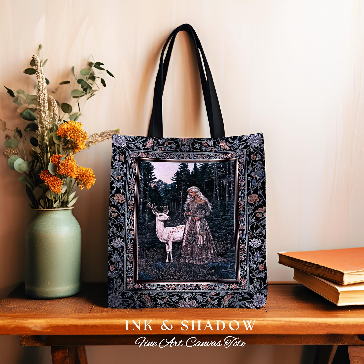 Gothic Forest Spirit Tapestry Tote | Dark Academia Storybook Aesthetic Witchy Baroque Bedroom Decor Forest Nymph Whimsigothic Fantasy Bag |